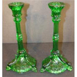 PR. OF GREEN GLASS CANDLESTICKS