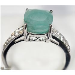 27) STERLING SILVER GENUINE EMERALD & CZ RING