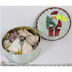 DECORATIVE SANTA CLAUS TIN BOX FULL OF SEASHELLS