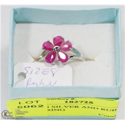 STERLING SILVER AND RUBY FLOWER RING
