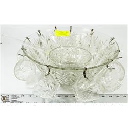 LARGE GLASS PUNCH BOWL W/ LADLE, STAND & GLASSES