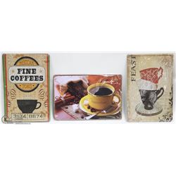 LOT OF 3 COFFEE LOVERS TIN SIGNS