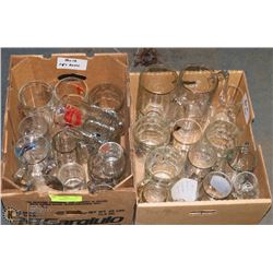 12) TWO BOXES OF ASSORTED GLASS BEER MUGS.