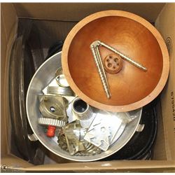 ROASTER W/ LID, WOOD NUT BOWL W/ CRACKER & PICKS,