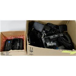 BOX OF ASSORTED RADIO CHARGERS AND MORE.