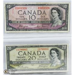 SET OF 1954 $10 & $20 BILLS.