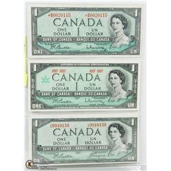 SET OF 3 CANADIAN ONE DOLLAR BILLS