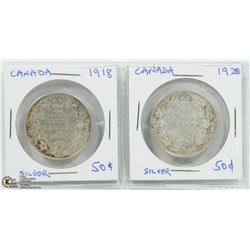 SET OF 2 CANADA FIFTY CENTS; 1918 & 1920.