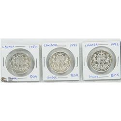 SET OF 3 CANADA FIFTY CENTS; 1950, 1951 & 1952.