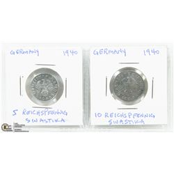 LOT OF 2 - 1940 NAZI GERMANY REICHSPFENNIG COINS.