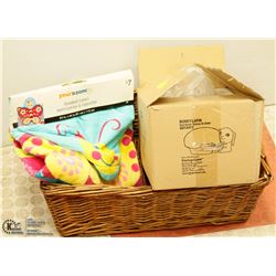 MEDIUM SIZE WICKER BASKET WITH NEW TOWEL, NEW