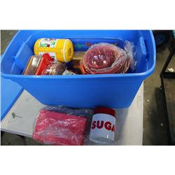 TOTE OF CONTAINERS THERMOS AND PLASTIC BOWLS