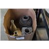 Image 2 : LARGE BOX OF RATTAN DECORATIVE VASES ETC