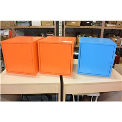 TWO ORANGE METAL STORAGE BOXES AND BLUE METAL STORAGE BOX