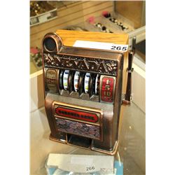 SMALL METAL AND OAK BANANZA BANK SLOT MACHINE