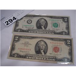 2 USA $2 DOLLAR BILLS, RED AND GREEN SEALS