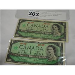 2 1967 CANADIAN DOLLAR BILLS, CENTENNIAL SERIAL NUMBER 1867-1967