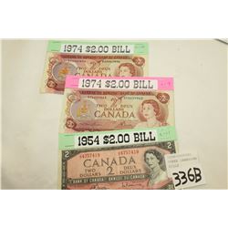 THREE CANADIAN TWO DOLLAR BILLS