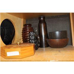 ESTATE WOODEN VASES AND BOWLS AND COVERED BOWL