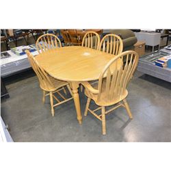 ROUND MAPLE DINING TABLE AND FOUR HOOPBACK CHAIRS AND LEAF