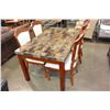 Image 1 : FLOOR MODEL STONE LOOK DINING TABLE AND FOUR CARVED DINING CHAIRS