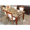 Image 2 : FLOOR MODEL STONE LOOK DINING TABLE AND FOUR CARVED DINING CHAIRS