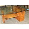 Image 2 : TEAK BASE GLASSTOP BOAT SHAPED COFFEE TABLE, CHIP ON CORNER GLASS