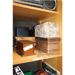 SHELF OF WOODEN AND OTHER BOXES