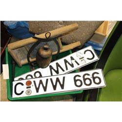 PAIR OF FOREIGN LICENCE PLATES WASH BOARD AND BELL GONG