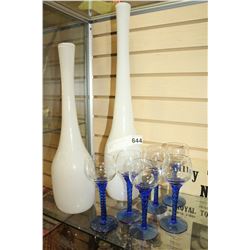 TWO LARGE GLASS VASES AND STEMWARE