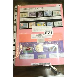 THREE SLEEVES OF COLLECTIBLE FIRST DAY OF ISSUE AND OTHER STAMPS AND PINS