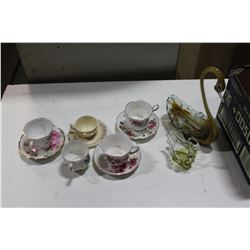 ART GLASS SWAN DISHES AND CHINA CUPS AND SAUCERS