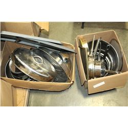 TWO BOXES OF STAINLESS AND METAL KITCHEN WARES