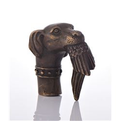 Bronze Cane Handle Of A Hunting Dog holding a