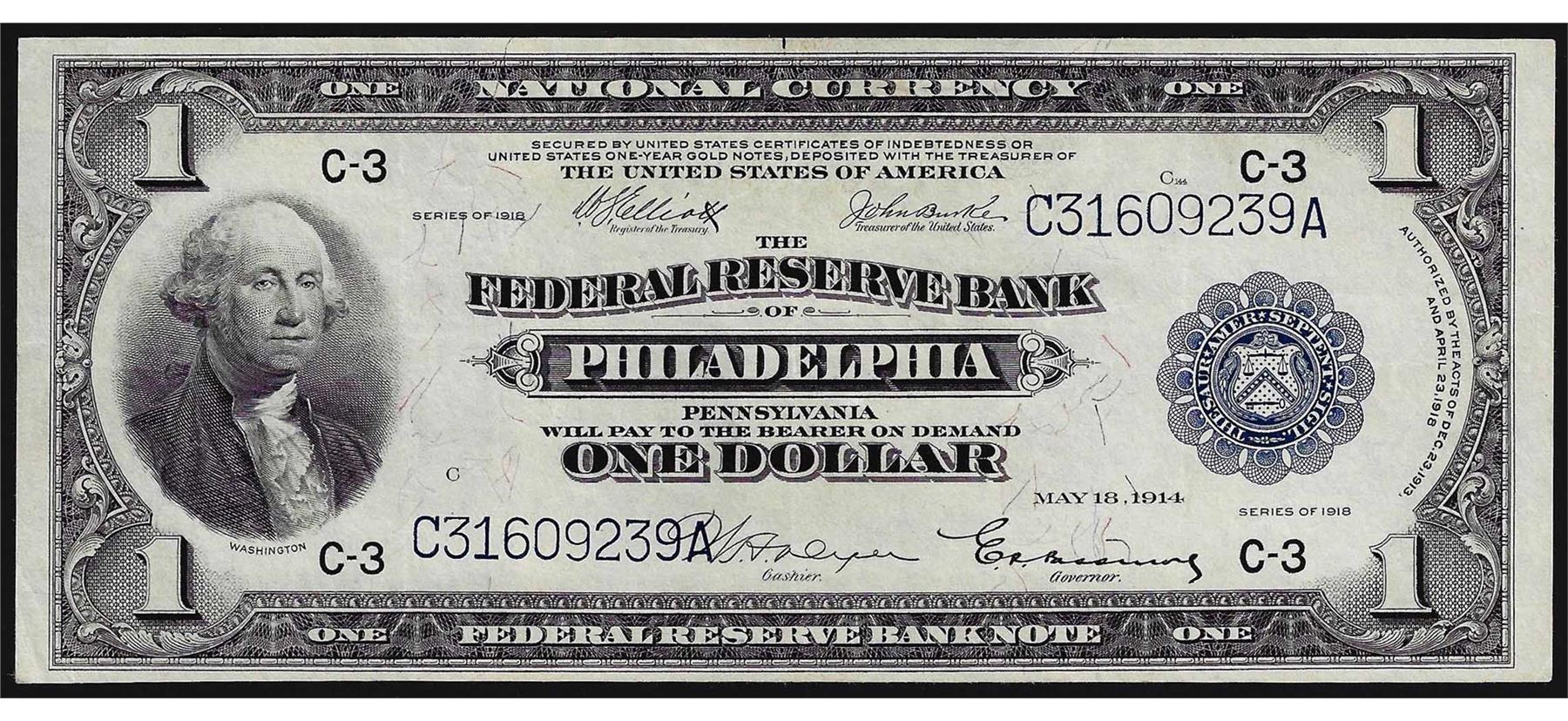 1918 $1 Federal Reserve Bank Note Philadelphia