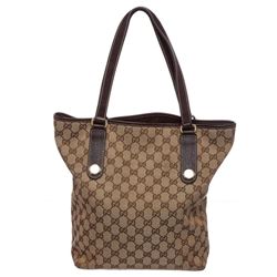 Gucci Brown Canvas Monogram Brown Leather Trim Tote Bag
