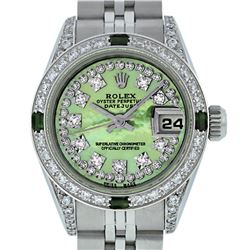 Rolex Ladies SS Diamond Lugs Green MOP VS Diamond and Emerald Datejust Wristwatc