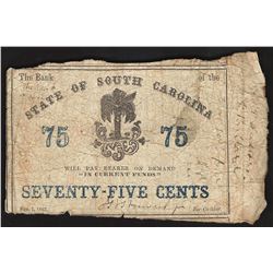 1863 Seventy Five Cents State of South Carolina Obsolete Bank Note