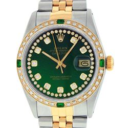 Rolex Mens Two Tone Green String Diamond & Emerald Datejust Wristwatch