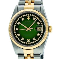 Rolex Mens 36mm Two Tone Yellow Gold Green Vignette String Diamond DateJust Wris