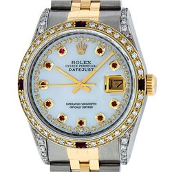 Rolex Mens Two Tone Diamond Lugs Mother Of Pearl Ruby and Diamond Datejust Wrist