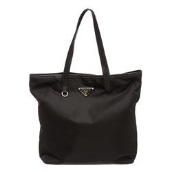 Prada Black Nylon Leather Long Tote Shoulder Bag