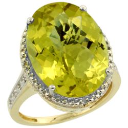 Natural 13.6 ctw Lemon-quartz & Diamond Engagement Ring 14K Yellow Gold - REF-68R4Z