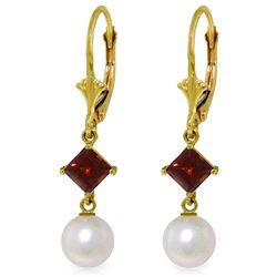 Genuine 5 ctw Pearl & Garnet Earrings Jewelry 14KT Yellow Gold - REF-29F7Z