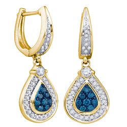 0.53 CTW Blue Color Diamond Teardrop Dangle Earrings 10KT Yellow Gold - REF-44W9K