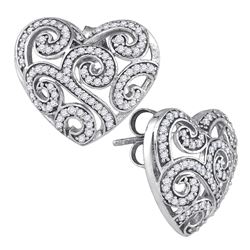 0.50 CTWPave-set Diamond Hearts Screwback Stud Earrings 10KT White Gold - REF-37N5F