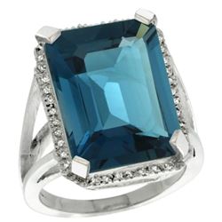 Natural 15.06 ctw London-blue-topaz & Diamond Engagement Ring 10K White Gold - REF-69A3V