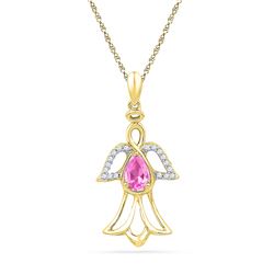 0.59 CTW Pear Created Pink Sapphire Angel Pendant 10KT Yellow Gold - REF-14X9Y