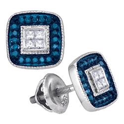 0.33 CTW Blue Color Diamond Square Cluster Earrings 10KT White Gold - REF-26M9H