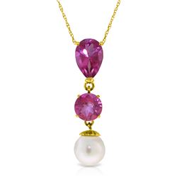 Genuine 5.25 ctw Pink Topaz, Blue Topaz & Pearl Necklace Jewelry 14KT Yellow Gold - REF-26H6X